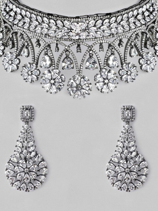 Oxidised Silver-Plated White AD-Studded Handcrafted Jewellery Set