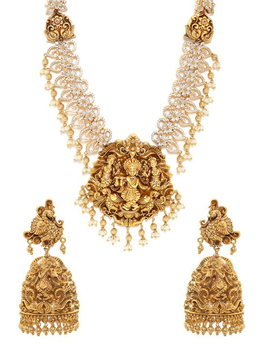 Gold-Plated Cubic Zirconia Studded & Beaded Temple Necklace With Earrings-130
