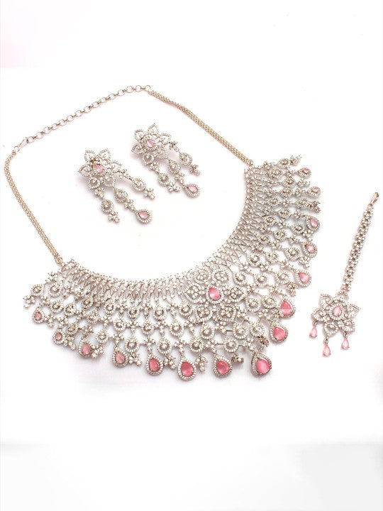 Rhodium-Plated American Diamond Studded Necklace With Earrings & Maang Tika