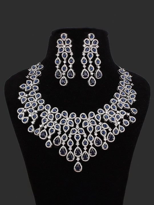 Davina Rhodium-Plated American Diamond Studded Necklace With Earrings