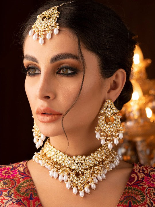 Gold-Plated White Stone Studded & Beaded Jewellery Set