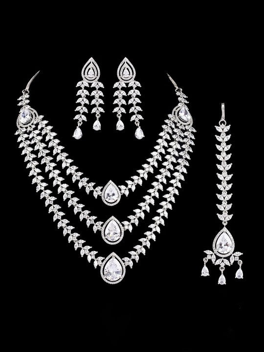 Rhodium-Plated AD-Studded Necklace & Earrings With Maang Tika