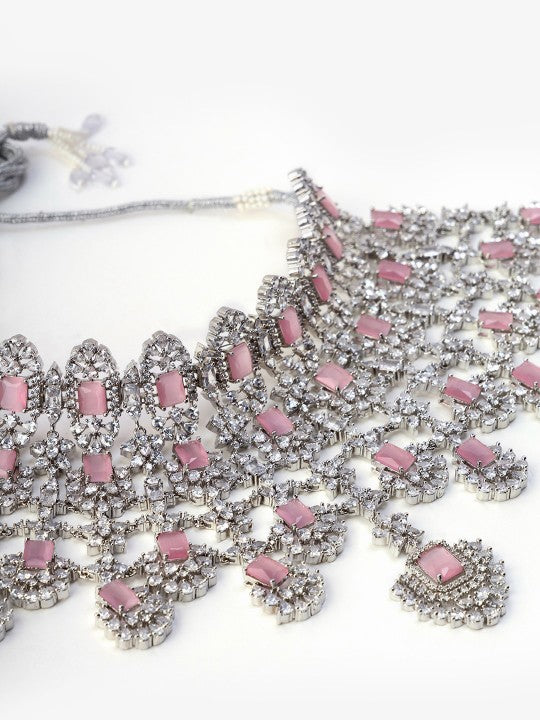 Rhodium-Plated AD-Studded Necklace & Earrings With Maang Tika