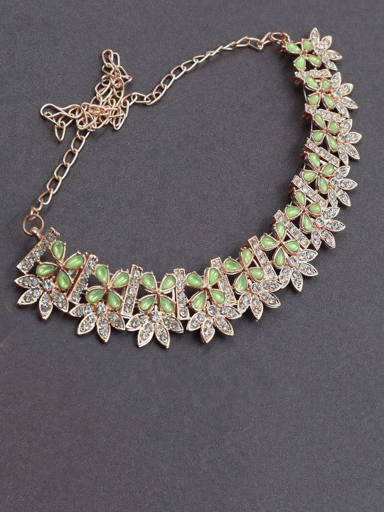 Rose Gold-Plated AD Stone-Studded Choker Necklace With Earrings & With Maang Tika