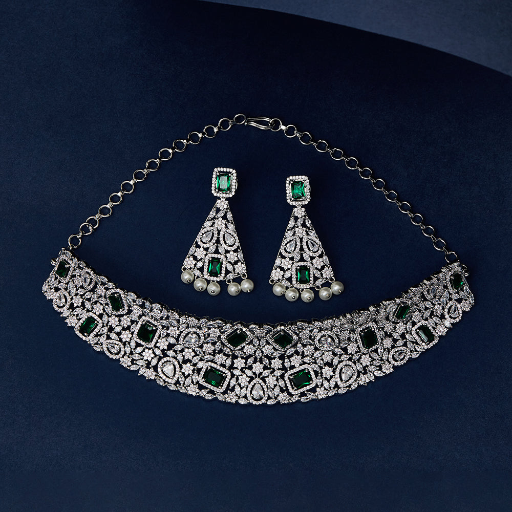 CZ Elegance Green and White Gems Necklace Set