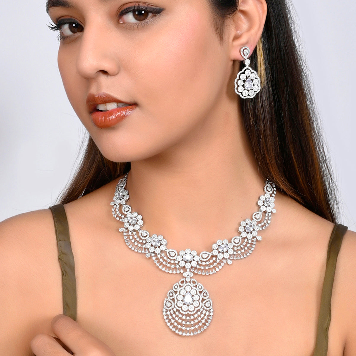 CZ Elegance Cluster Setting Heavily Embellished Jewellery Set