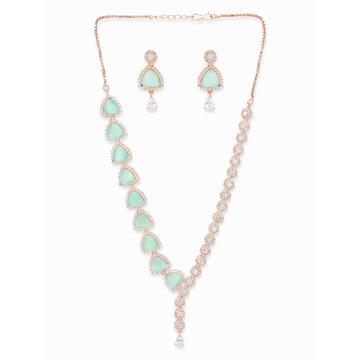 CZ Rose Gold Plated Pearl Necklace Set with Green Stone