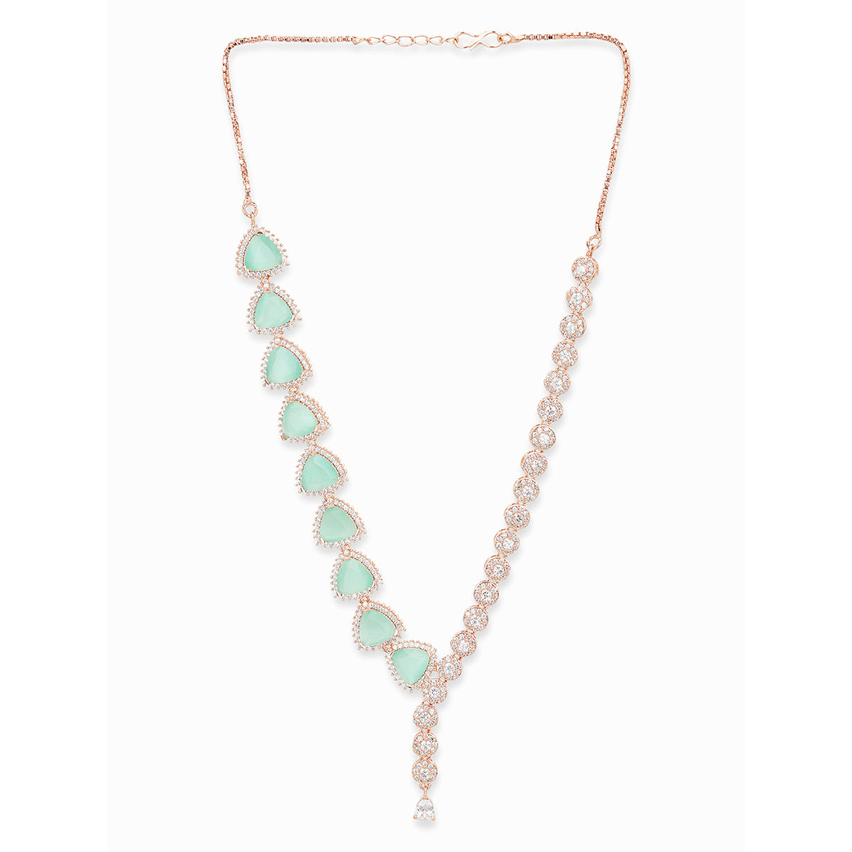 CZ Rose Gold Plated Pearl Necklace Set with Green Stone