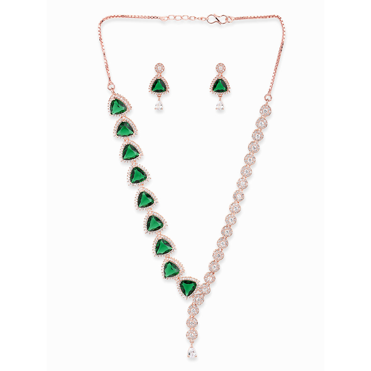 CZ Rose Gold Plated Necklace Set with Green Stones