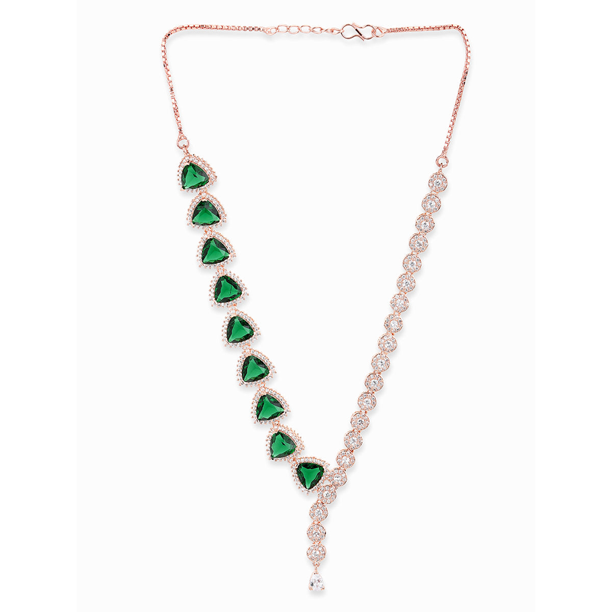 CZ Rose Gold Plated Necklace Set with Green Stones