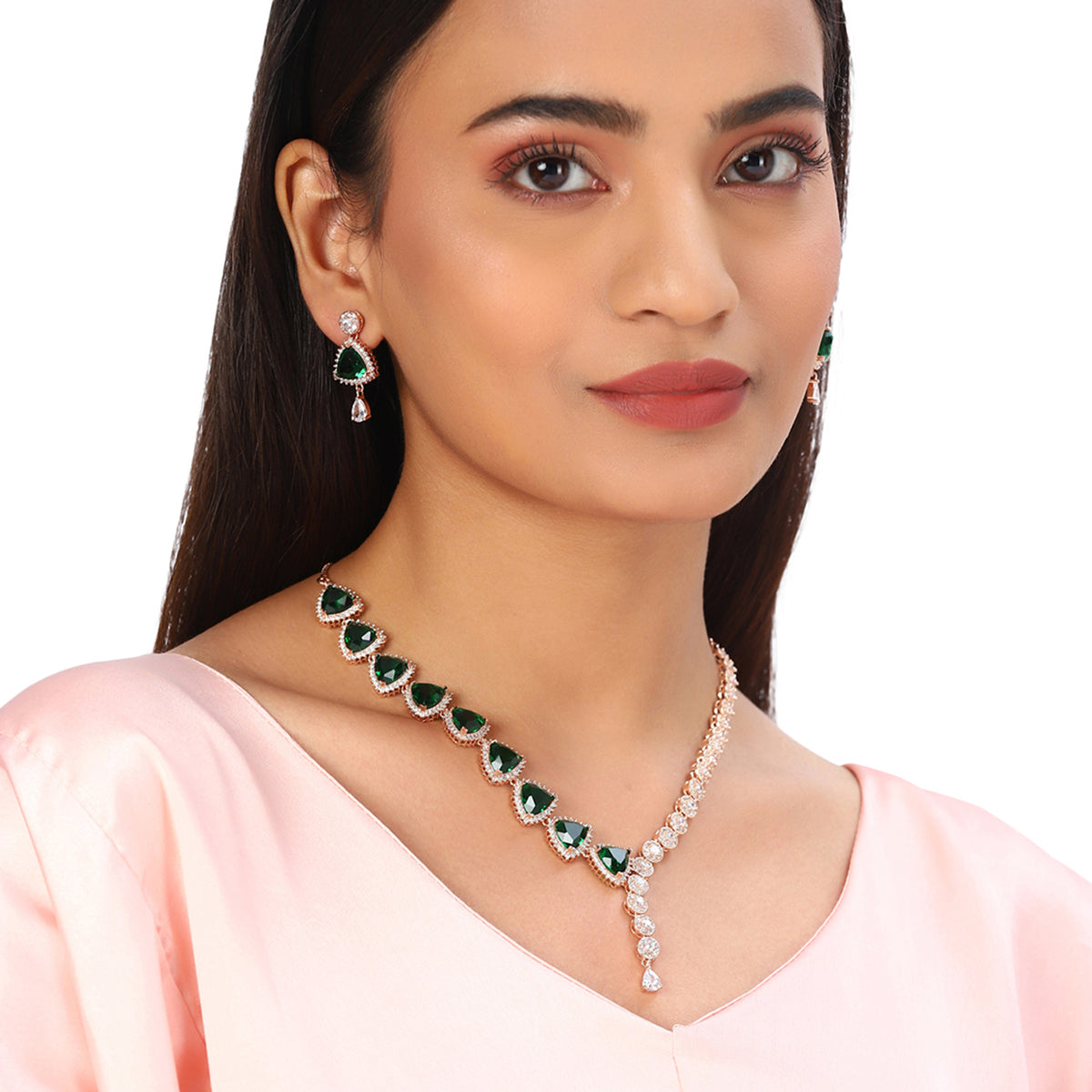 CZ Rose Gold Plated Necklace Set with Green Stones