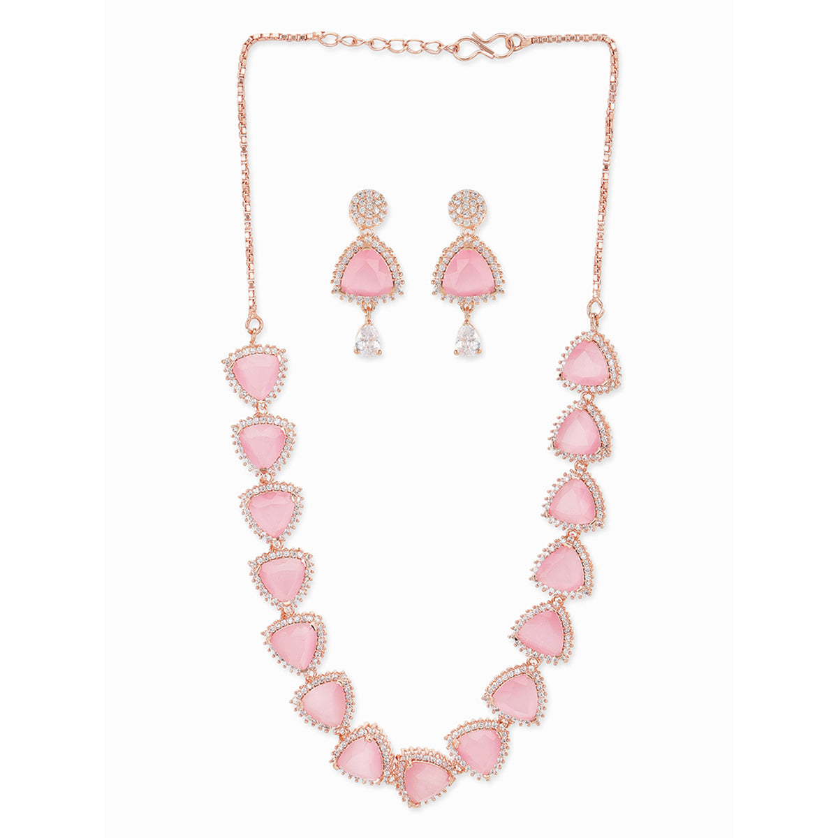 CZ Rose Gold Plated Necklace Set with Pink Stones