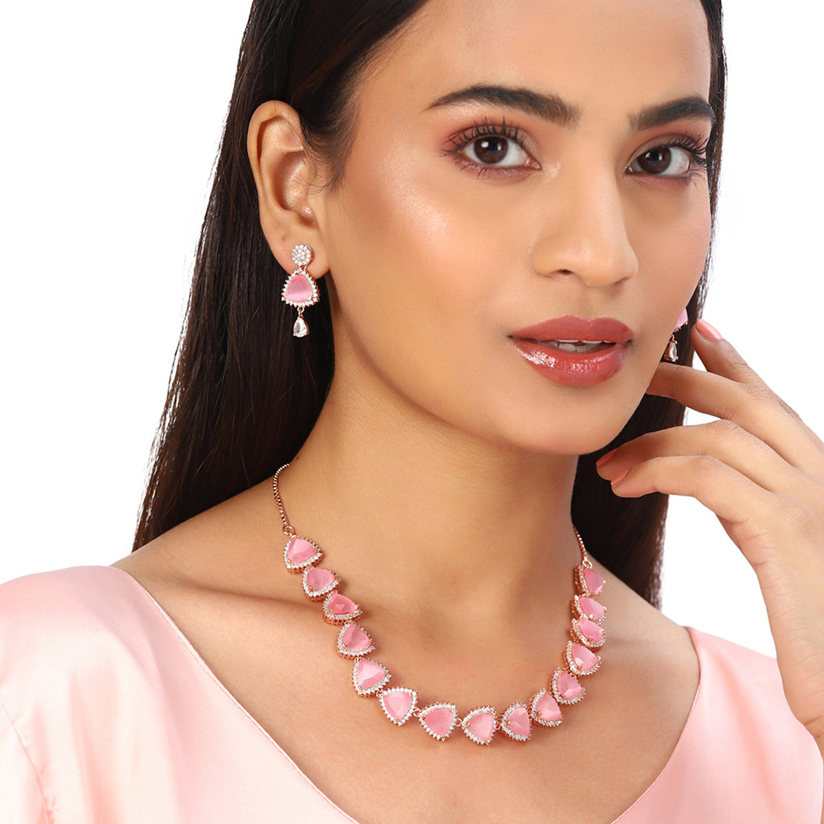 CZ Rose Gold Plated Necklace Set with Pink Stones