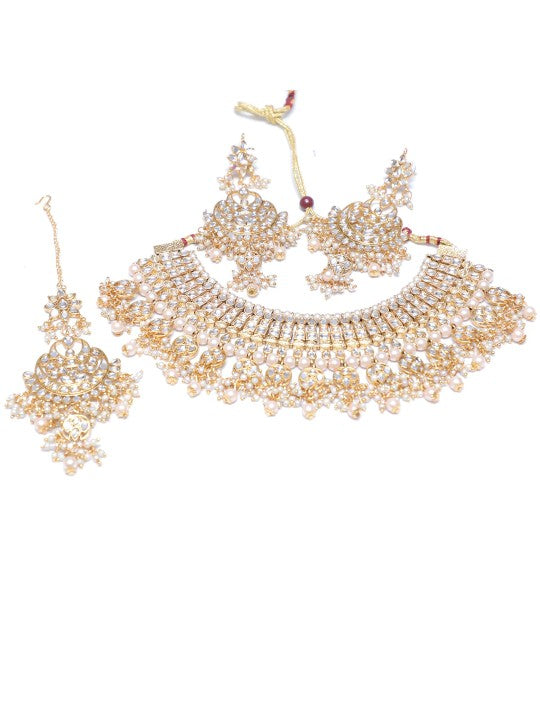 Gold-Plated White Kundan Studded & Beaded Handcrafted Jewellery Set