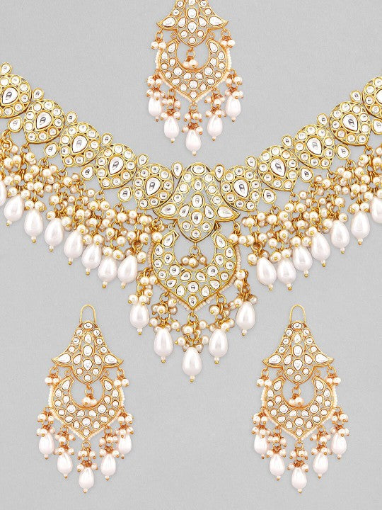 Gold-Plated White Stone Studded & Beaded Jewellery Set