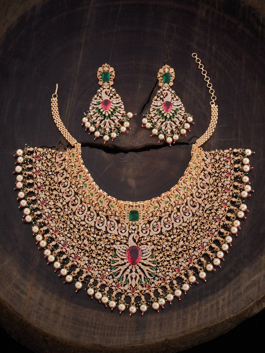 Gold-Plated Zircon Studded & Pearl Beaded Jewellery Set