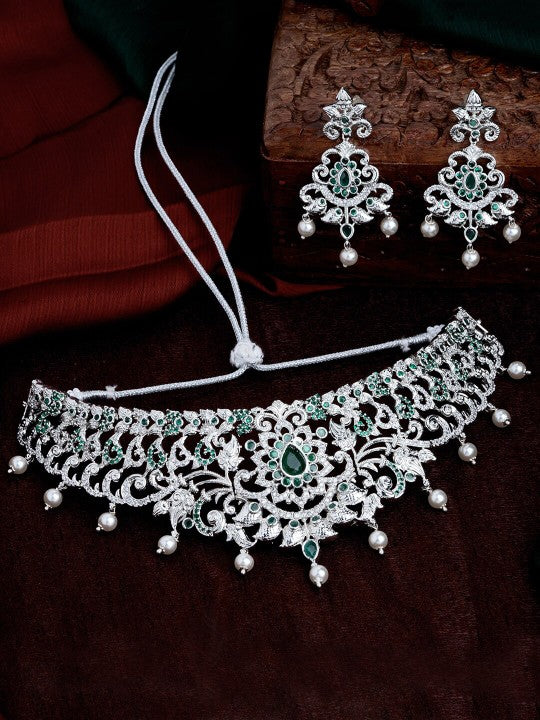 Rhodium Plated CZ Magnificent Bridal Choker Necklace Set with Pearls