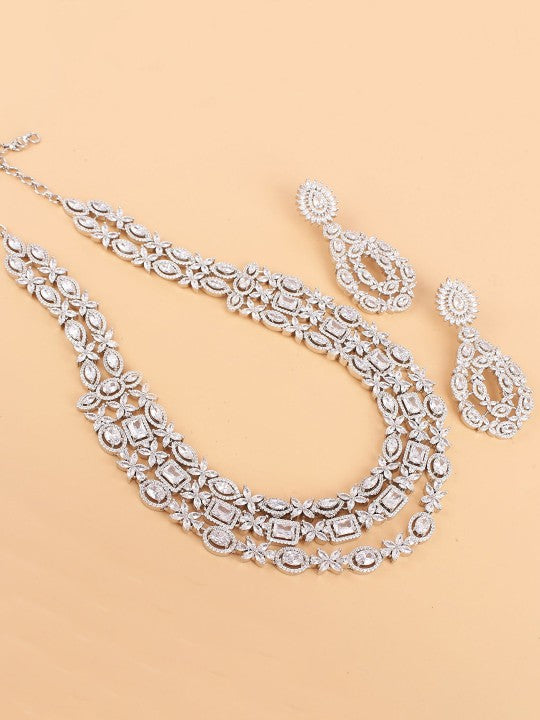 Rhodium-Plated American Diamond Studded Layered Necklace Set