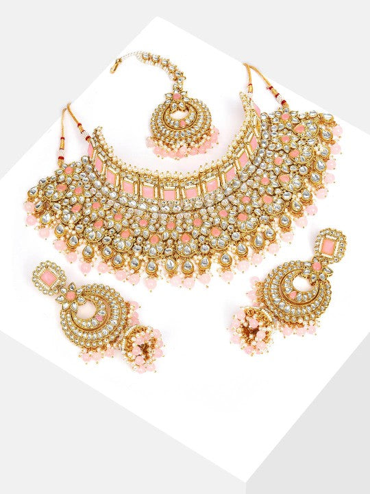 Gold-Plated White & Orange Stone Studded-Studded & Beaded Jewellery Set