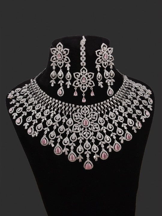 Rhodium-Plated American Diamond Studded Necklace With Earrings & Maang Tika