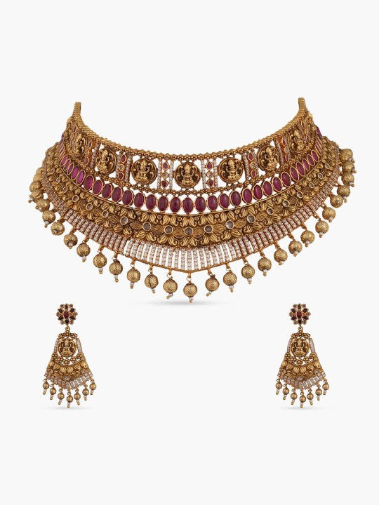 Kriya Gold-Plated CZ-Studded Antique Jewellery Set