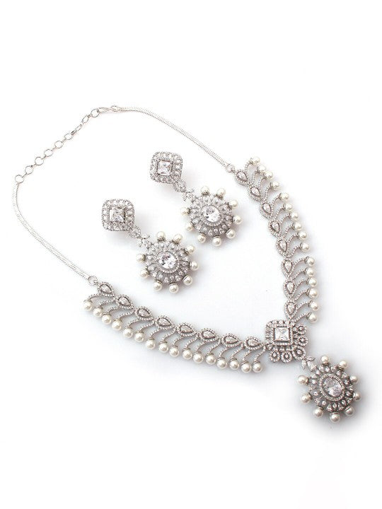 Rhodium-Plated Cubic Zirconia-Studded Jewellery Set