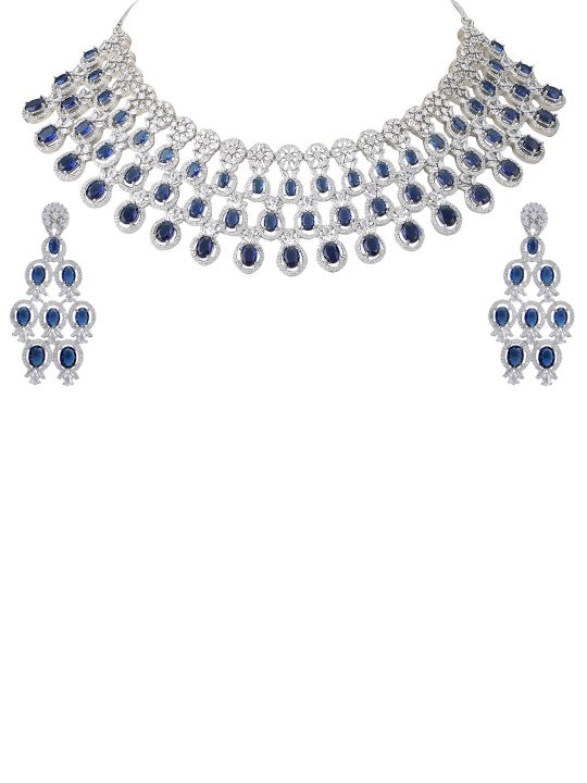 Rhodium-Plated American Diamond Studded Necklace & Earrings