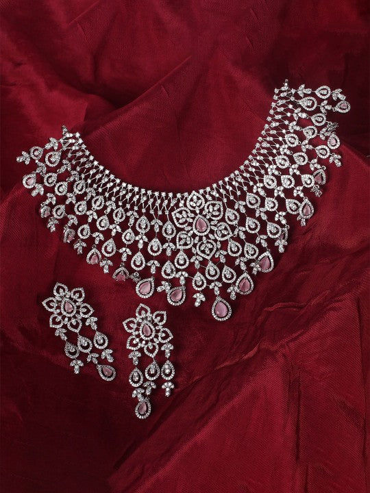 Rhodium-Plated American Diamond Studded Necklace With Earrings & Maang Tika