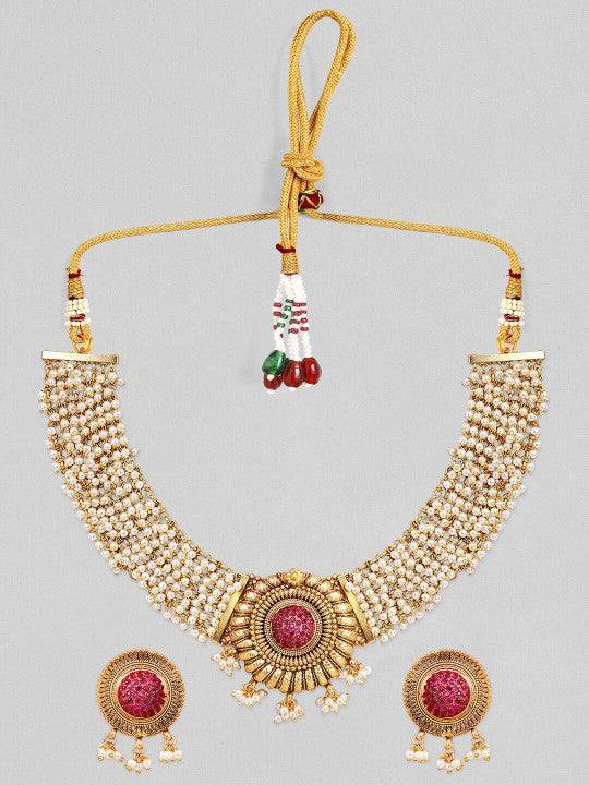 Gold-Plated White & Red Stone Studded & Beaded Jewellery Set