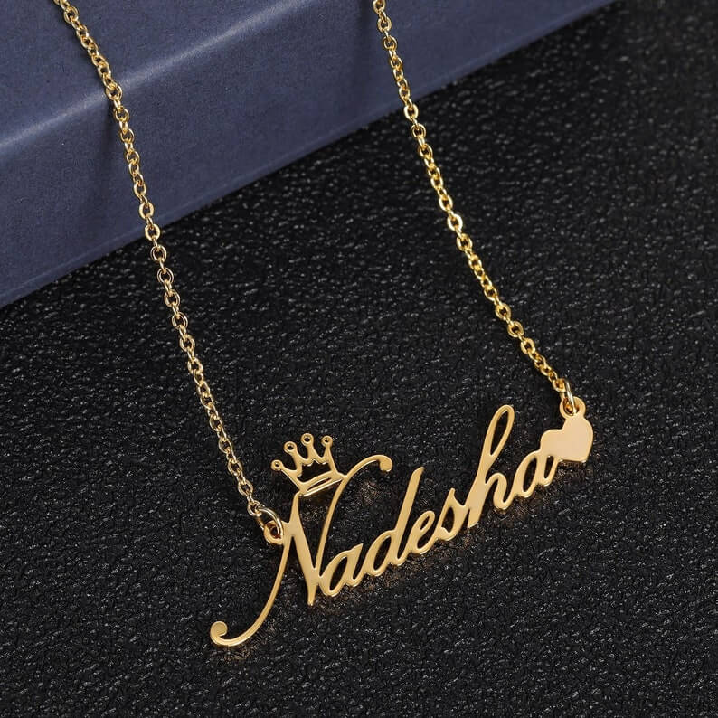 Gold Plated Crown Heart Name Necklace