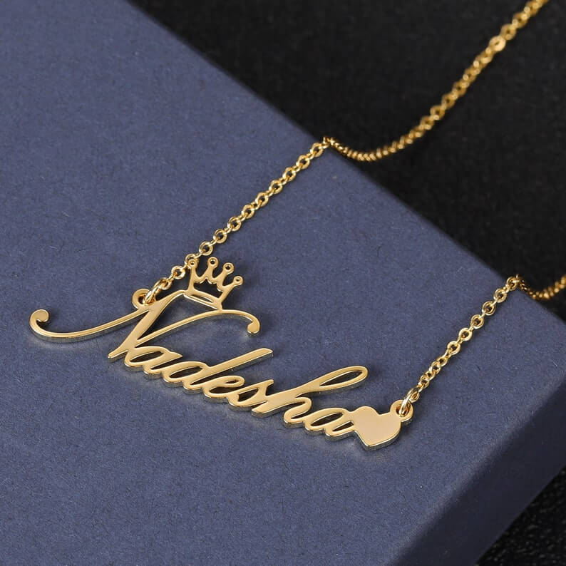 Gold Plated Crown Heart Name Necklace