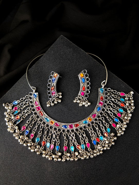 Oxidised Silver-Plated Stone-Studded Jewellery Set