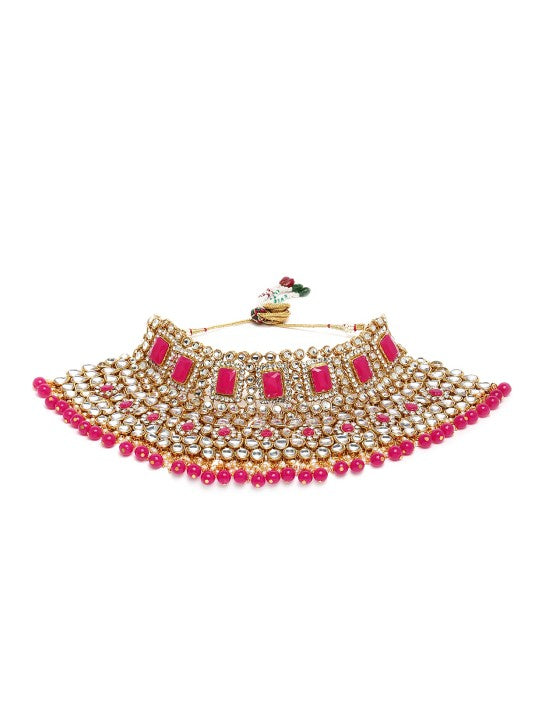 Red Gold-Plated Kundan Studded Bridal Jewellery Set