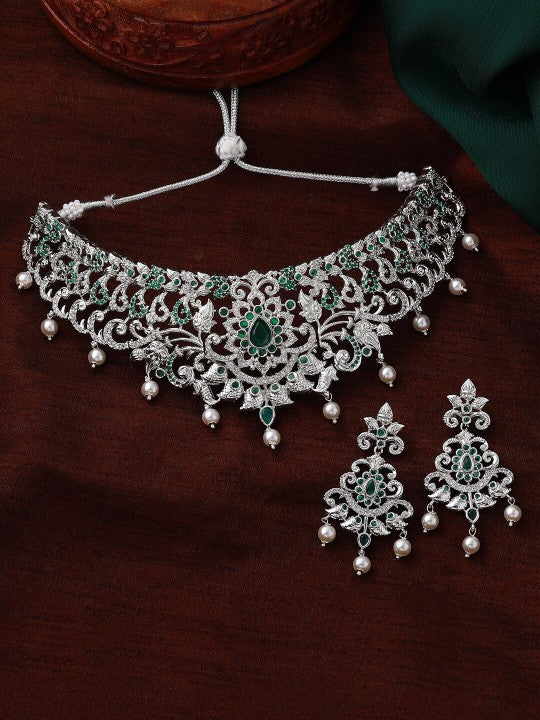 Rhodium Plated CZ Magnificent Bridal Choker Necklace Set with Pearls