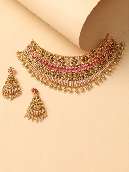 Kriya Gold-Plated CZ-Studded Antique Jewellery Set