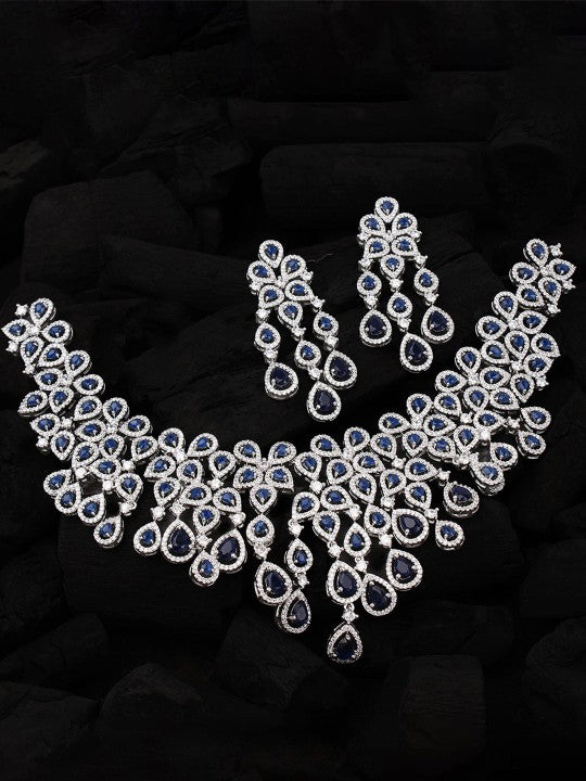 Davina Rhodium-Plated American Diamond Studded Necklace With Earrings