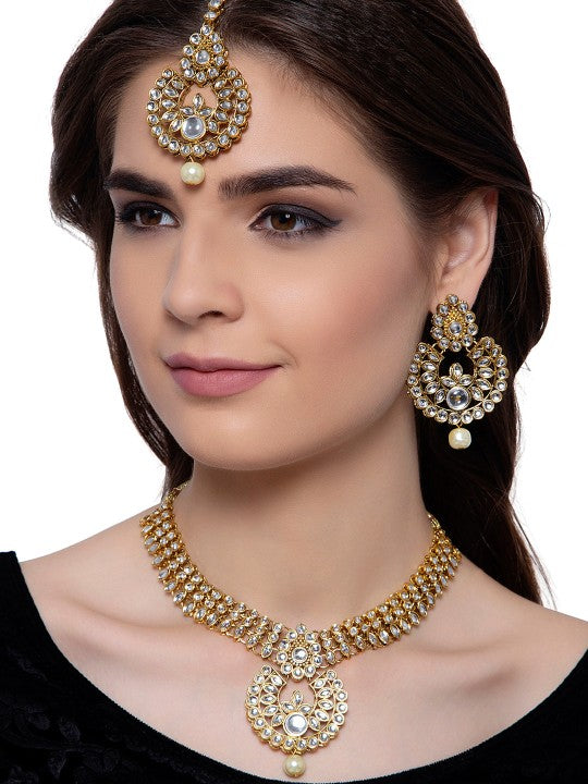 Gold-Plated White Stone Studded Kundan Jewellery Set