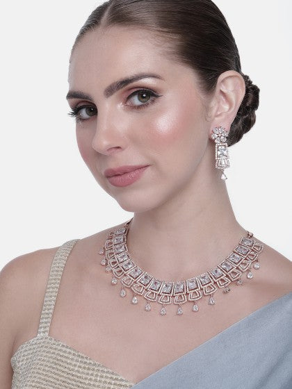 Rhodium-Plated American Diamond Studded Necklace With Earrings & Maang Tika