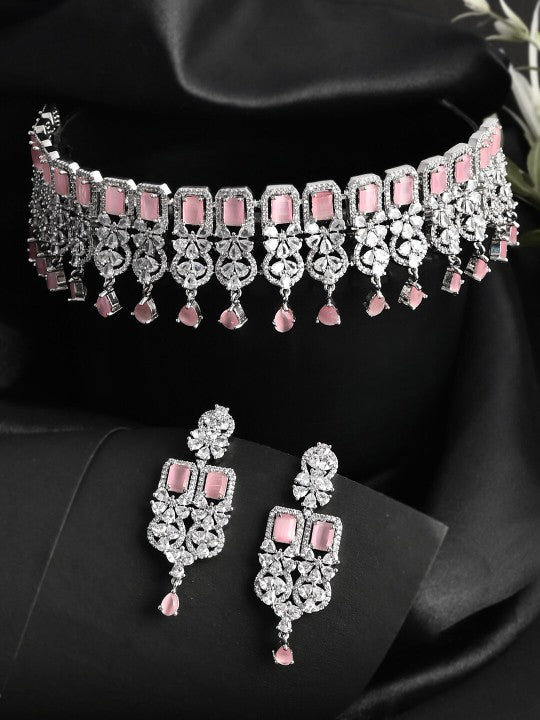 Rhodium-Plated White & Pink CZ Studded Jewellery Set