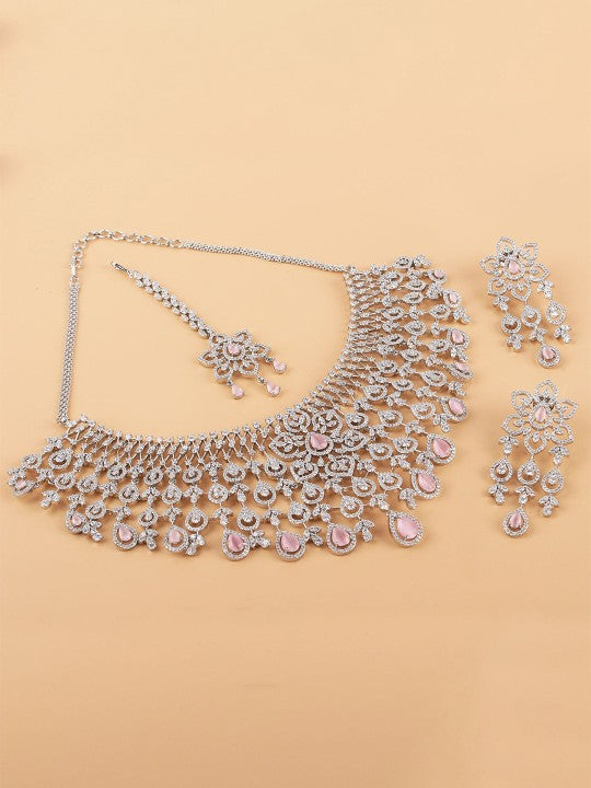 Rhodium-Plated American Diamond Studded Necklace With Earrings & Maang Tika