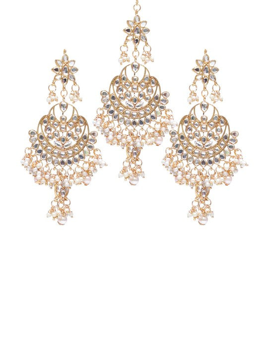 Gold-Plated White Kundan Studded & Beaded Handcrafted Jewellery Set