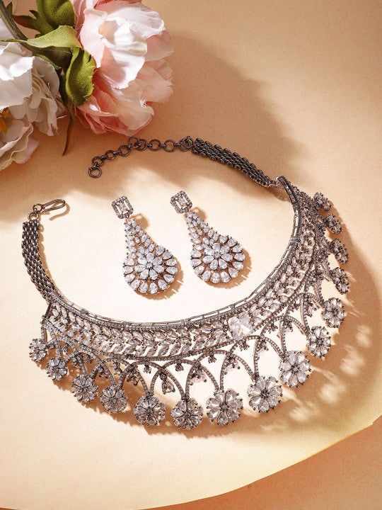 Oxidised Silver-Plated White AD-Studded Handcrafted Jewellery Set