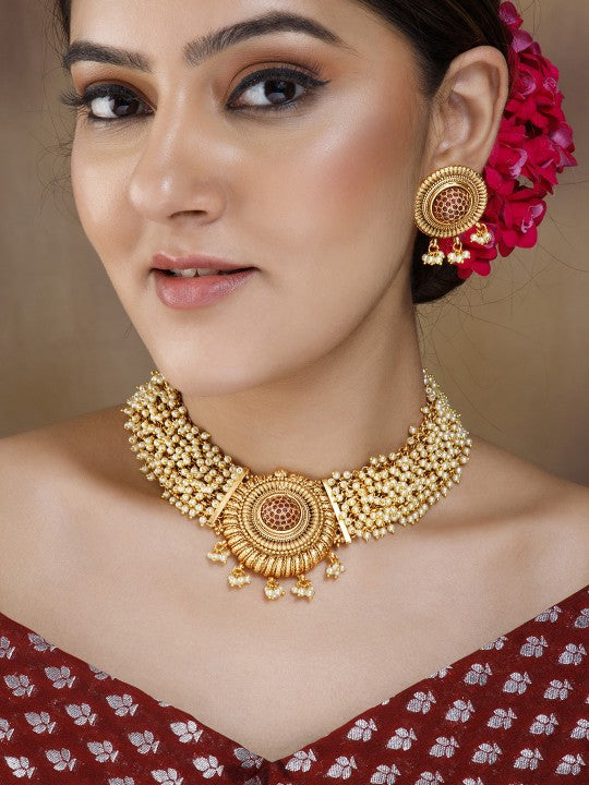 Gold-Plated White & Red Stone Studded & Beaded Jewellery Set