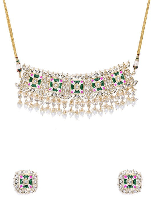 Green & White Kundan Studded Gold-Plated Meenakari Jewellery Set