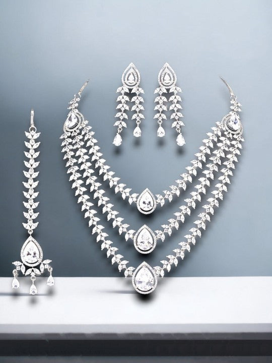 Rhodium-Plated AD-Studded Necklace & Earrings With Maang Tika