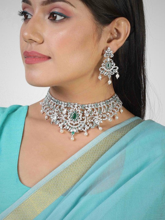 Rhodium Plated CZ Magnificent Bridal Choker Necklace Set with Pearls