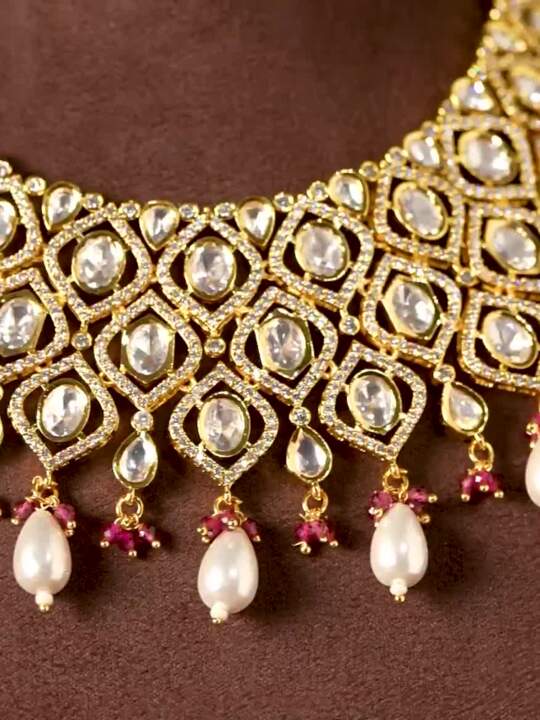 Polki Gold-Plated & White Stones-Studded Jewellery Set